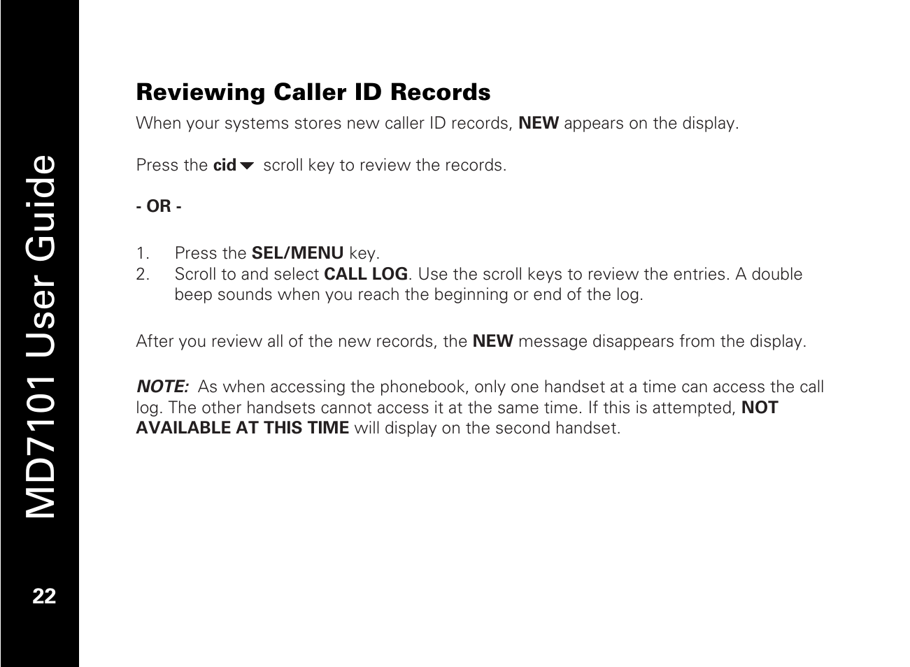 Reviewing caller id records, Md7101 user guide | Motorola E51 Series User Manual | Page 37 / 54