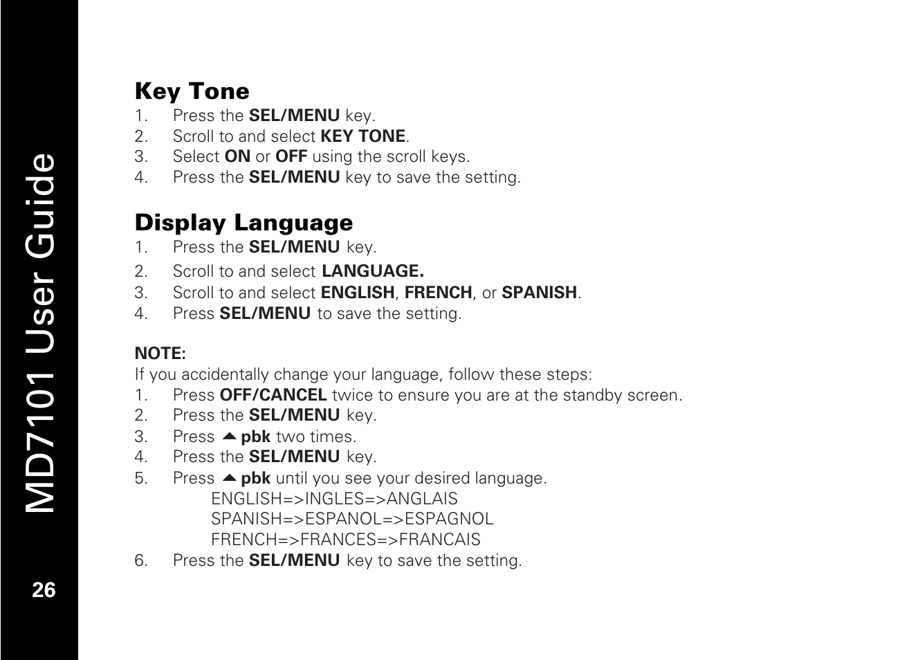 Key tone, Display language, Md7101 user guide | Motorola E51 Series User Manual | Page 41 / 54