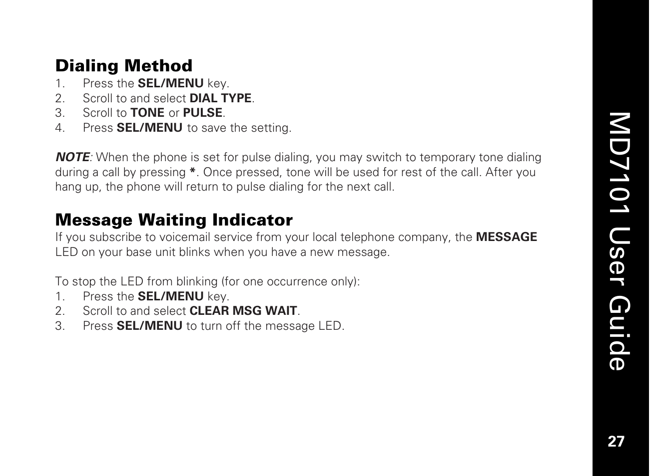 Dialing method, Message waiting indicator, Md7101 u ser guide | Motorola E51 Series User Manual | Page 42 / 54