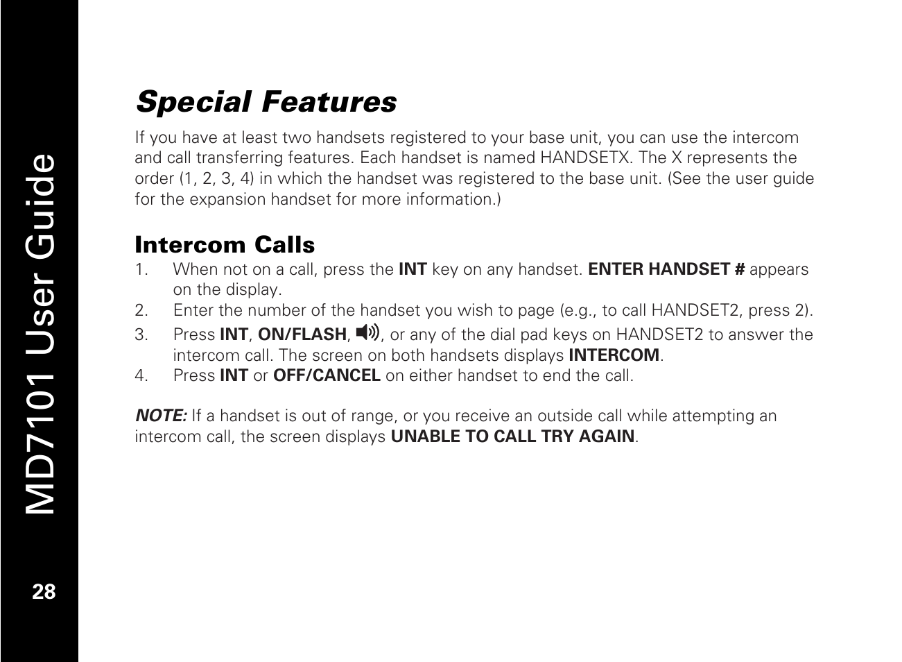 Special features, Intercom calls, Md7101 user guide | Motorola E51 Series User Manual | Page 43 / 54