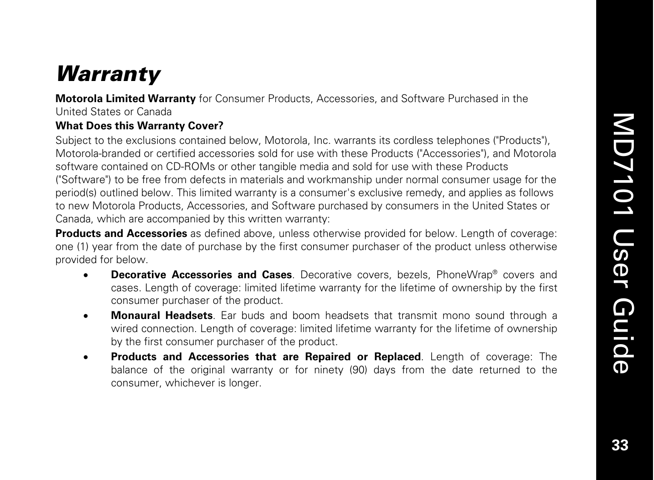 Warranty, Md7101 u ser guide | Motorola E51 Series User Manual | Page 48 / 54