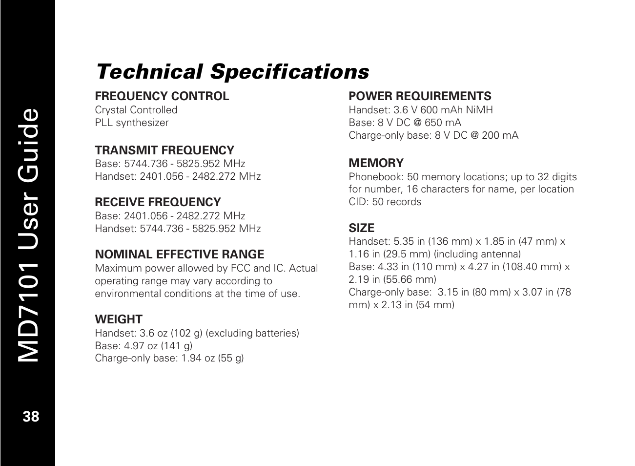 Untitled, Technical specifications, Md7101 user guide | Motorola E51 Series User Manual | Page 53 / 54