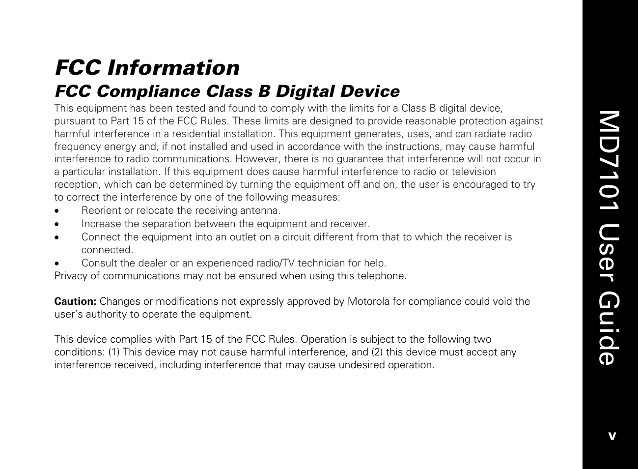 Fcc information, Fcc compliance class b digital device, Md7101 u ser guide | Motorola E51 Series User Manual | Page 8 / 54