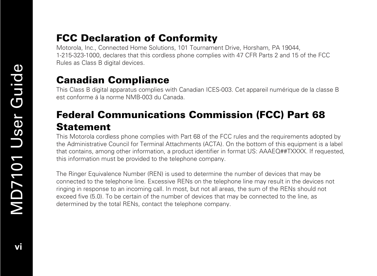 Fcc declaration of conformity, Canadian compliance, Md7101 user guide | Motorola E51 Series User Manual | Page 9 / 54