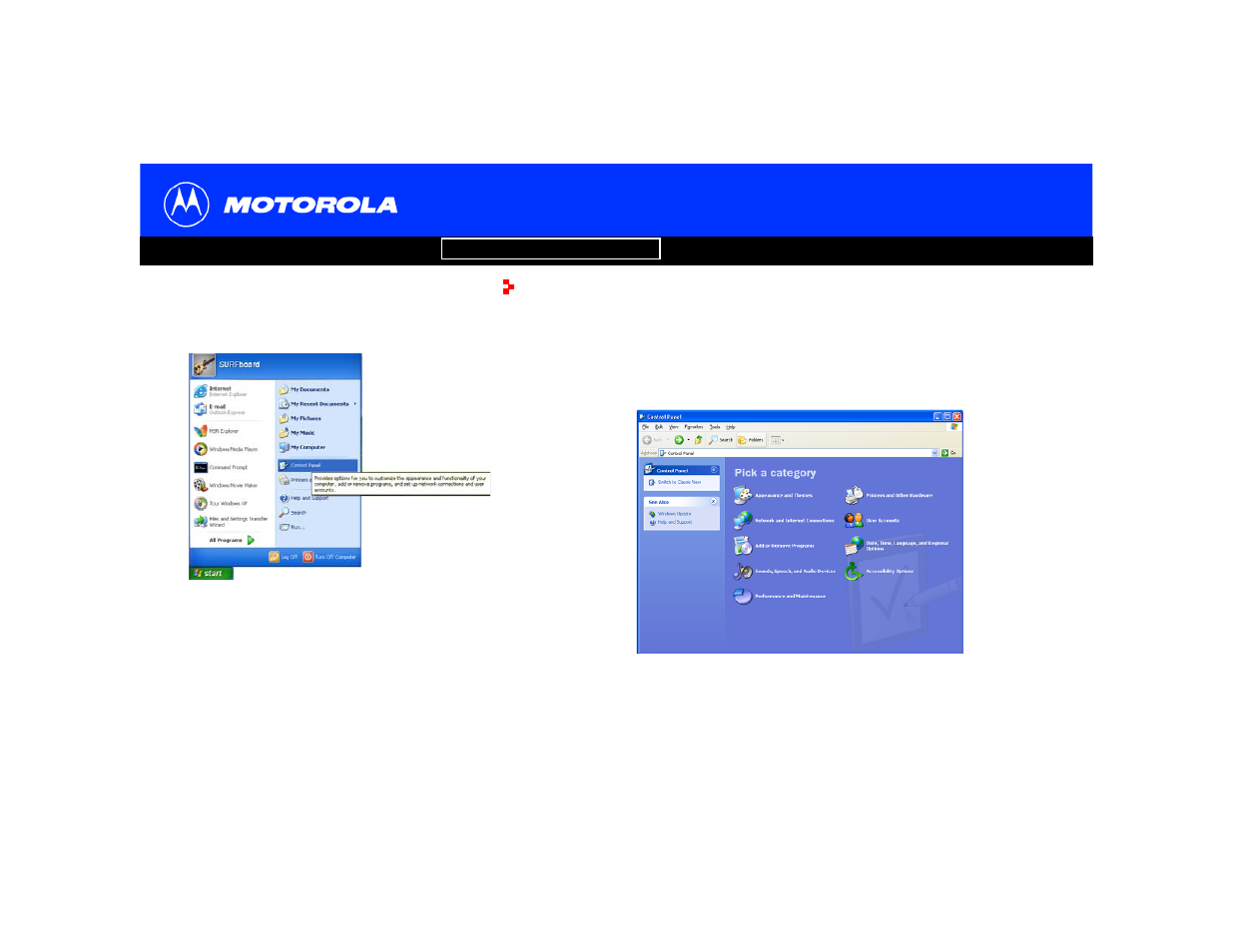 Configuring tcp/ip in windowsxp, Configuring tcp/ip in windows xp | Motorola SB5102 User Manual | Page 26 / 47