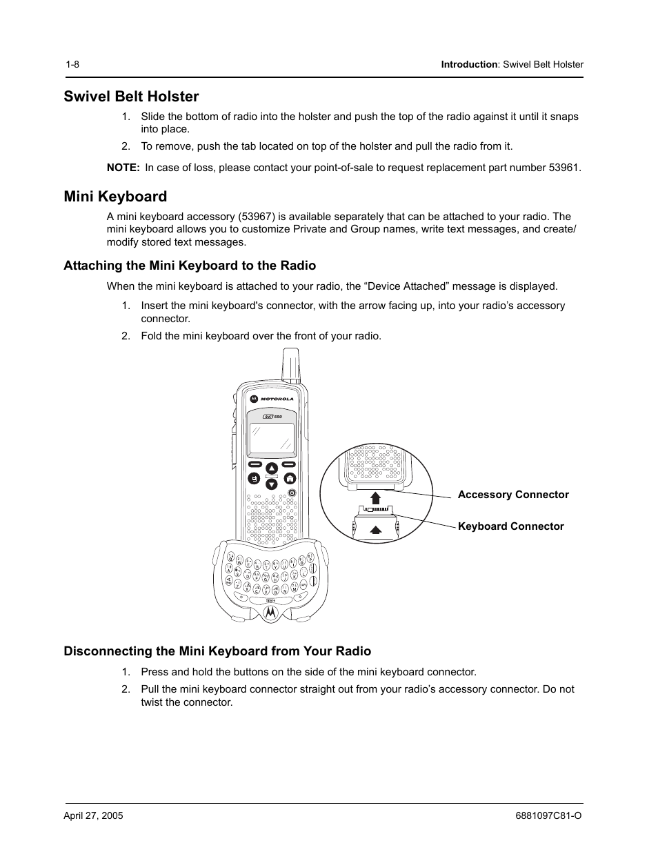 Swivel belt holster, Mini keyboard | Motorola DTR510 User Manual | Page 16 / 68