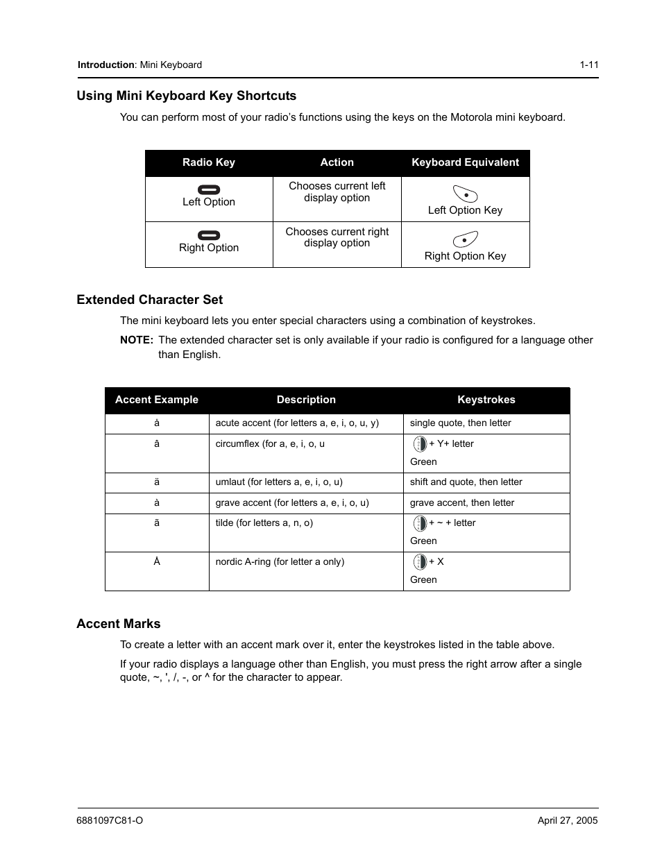 Using mini keyboard key shortcuts, Extended character set, Accent marks | Motorola DTR510 User Manual | Page 19 / 68