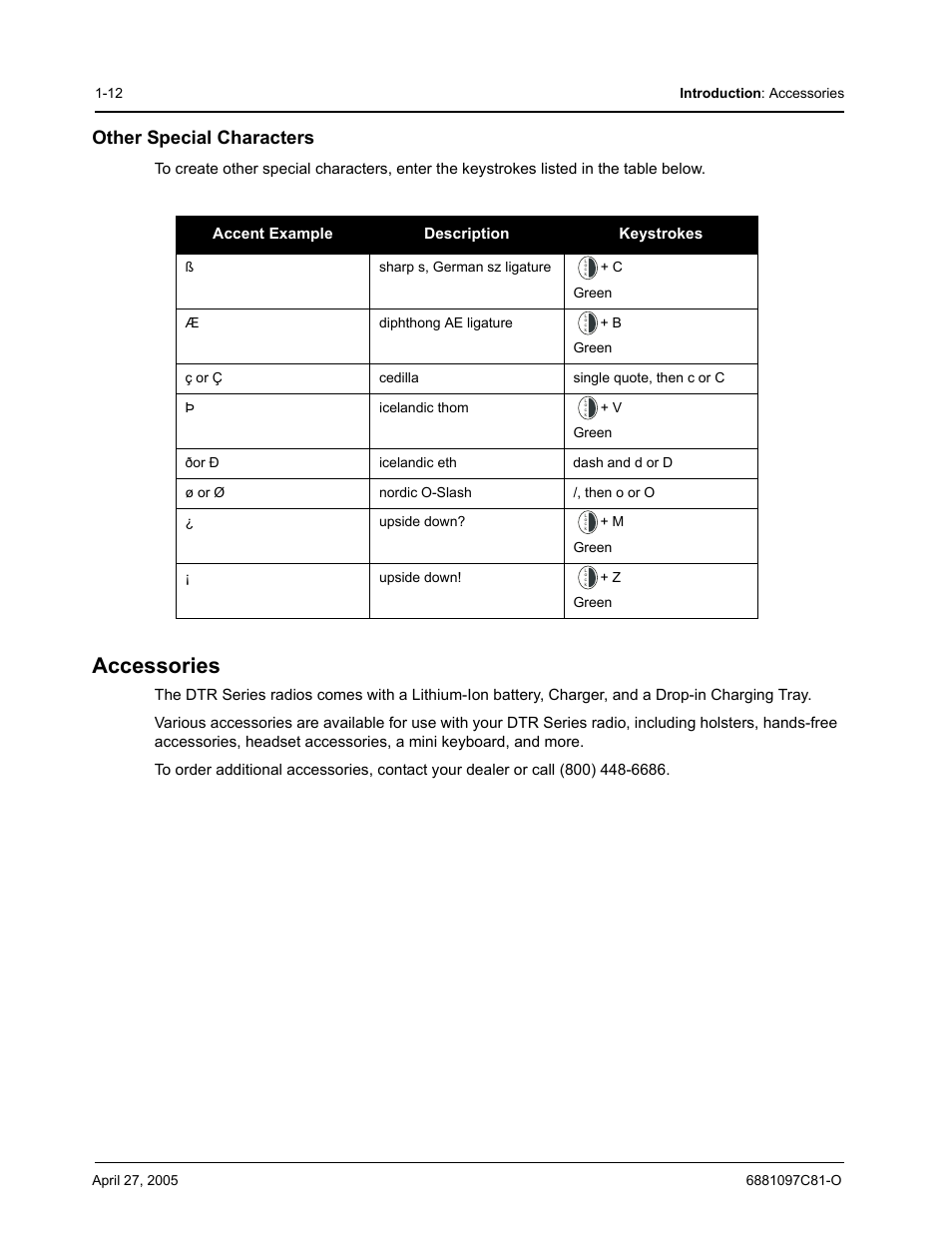 Accessories, Other special characters | Motorola DTR510 User Manual | Page 20 / 68