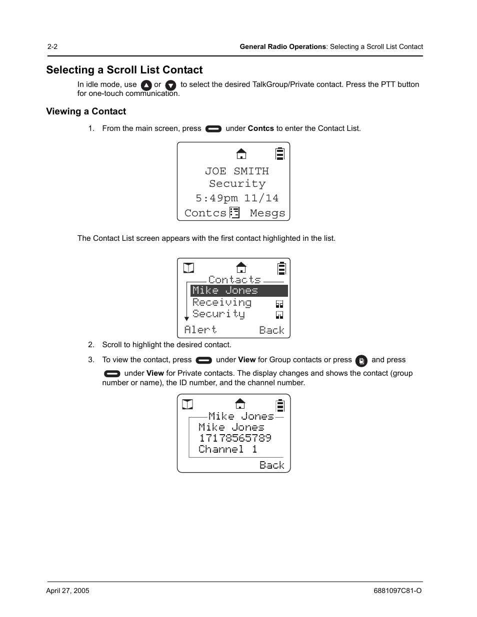 Mike jones receiving security alert back contacts | Motorola DTR510 User Manual | Page 22 / 68