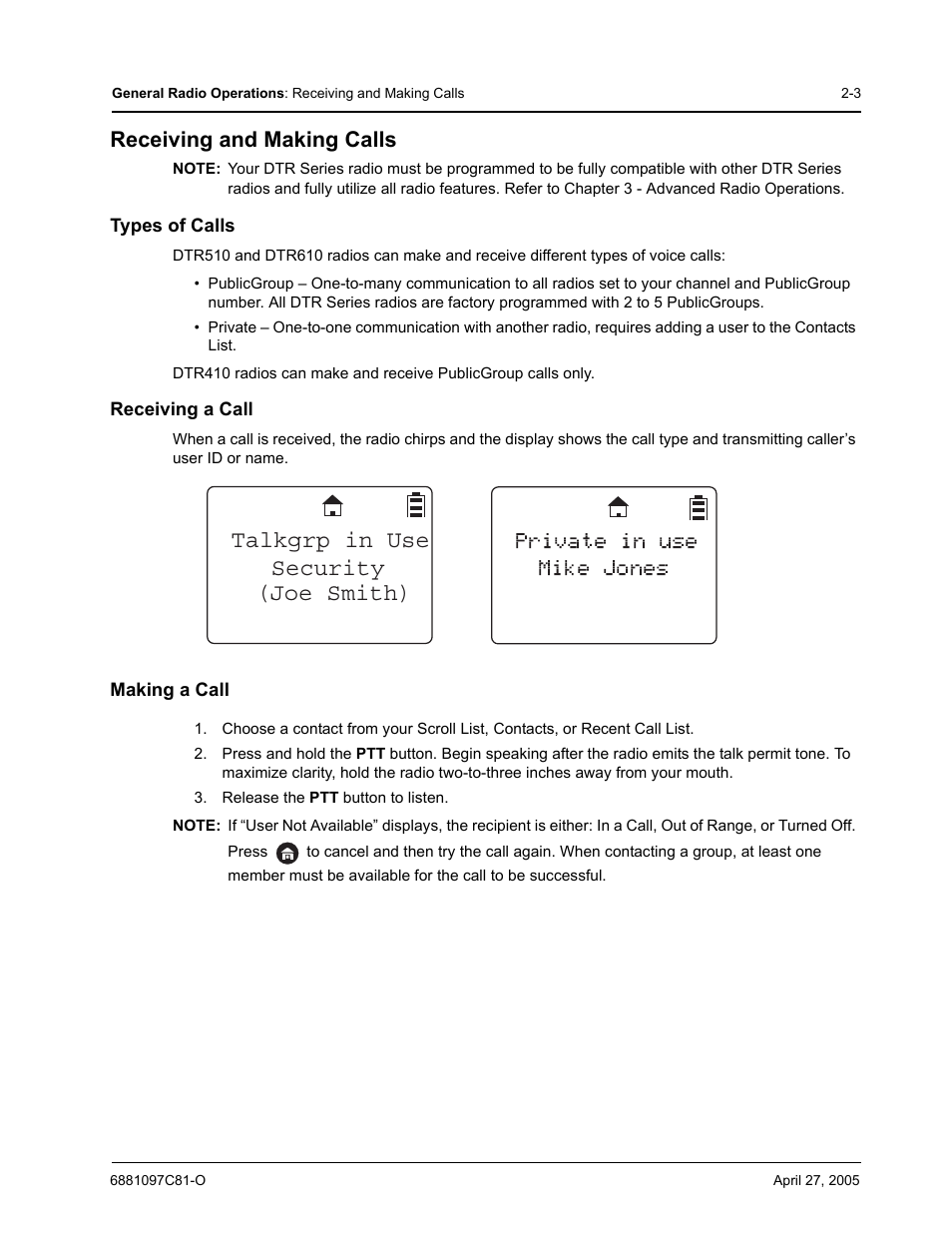 Receiving and making calls | Motorola DTR510 User Manual | Page 23 / 68