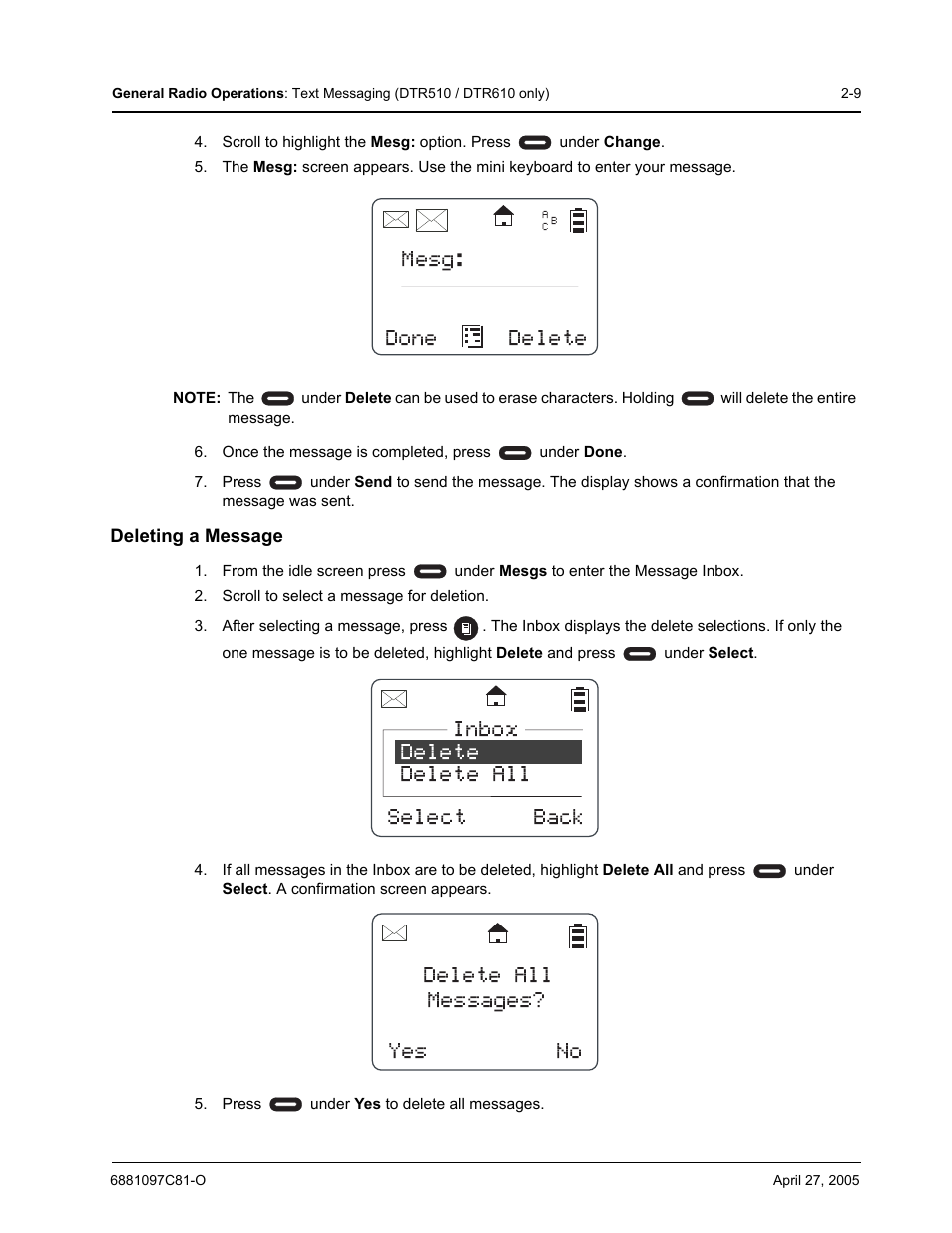 Mesg: done delete | Motorola DTR510 User Manual | Page 29 / 68