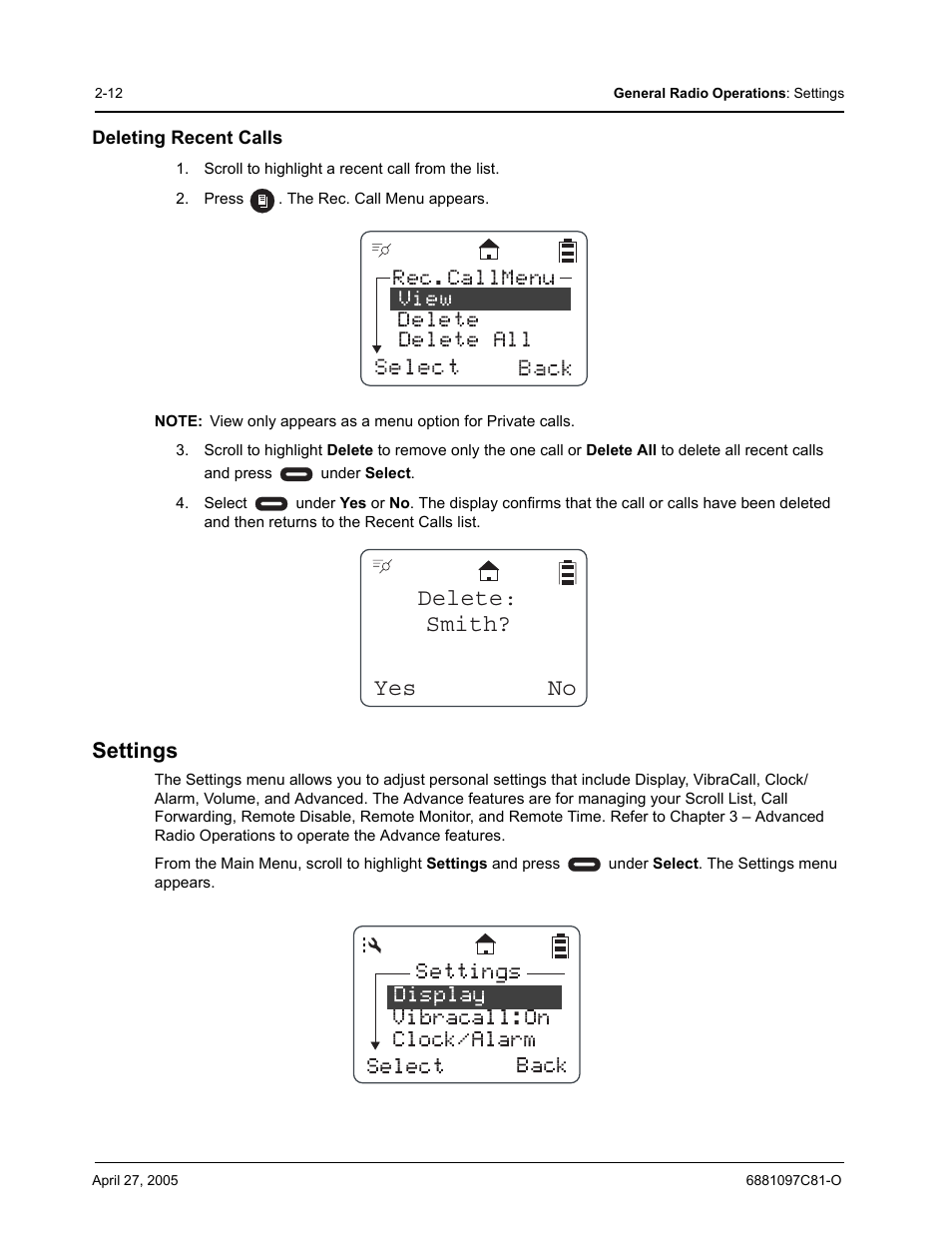 Select back, Delete all delete rec.callmenu | Motorola DTR510 User Manual | Page 32 / 68