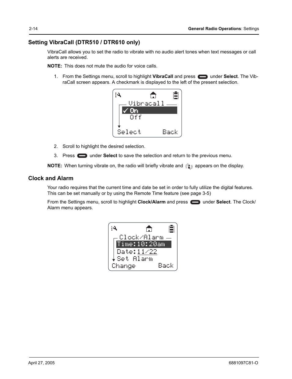 Vibracall off select back | Motorola DTR510 User Manual | Page 34 / 68