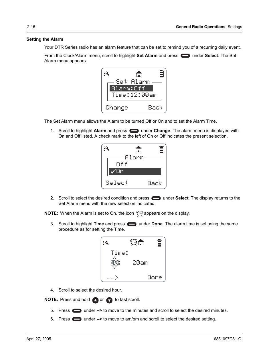 Set alarm alarm:off time:12:00am change back, Alarm off on select back time: : 20am __> done 10 | Motorola DTR510 User Manual | Page 36 / 68