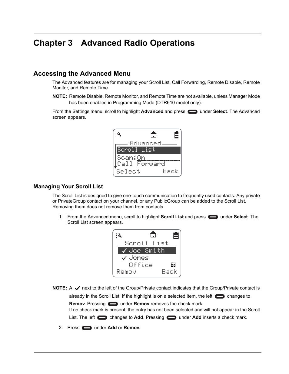 Chapter 3 advanced radio operations, Scroll list joe smith jones office back remov | Motorola DTR510 User Manual | Page 39 / 68