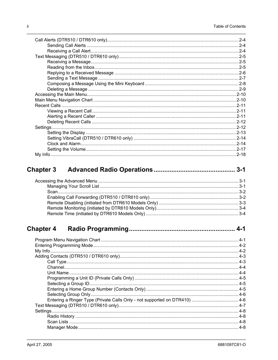 Chapter 3 advanced radio operations -1, Chapter 4 radio programming -1 | Motorola DTR510 User Manual | Page 4 / 68