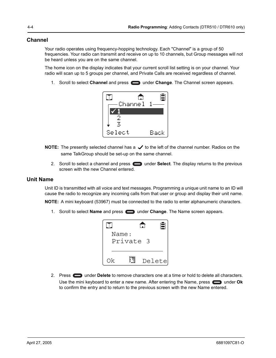 Private 3, 12 select back channel 1, 3ok delete name | Motorola DTR510 User Manual | Page 46 / 68