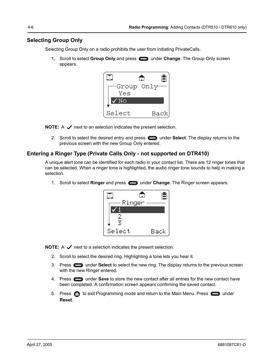 Group only select back no none yes, 12 select back ringer | Motorola DTR510 User Manual | Page 48 / 68