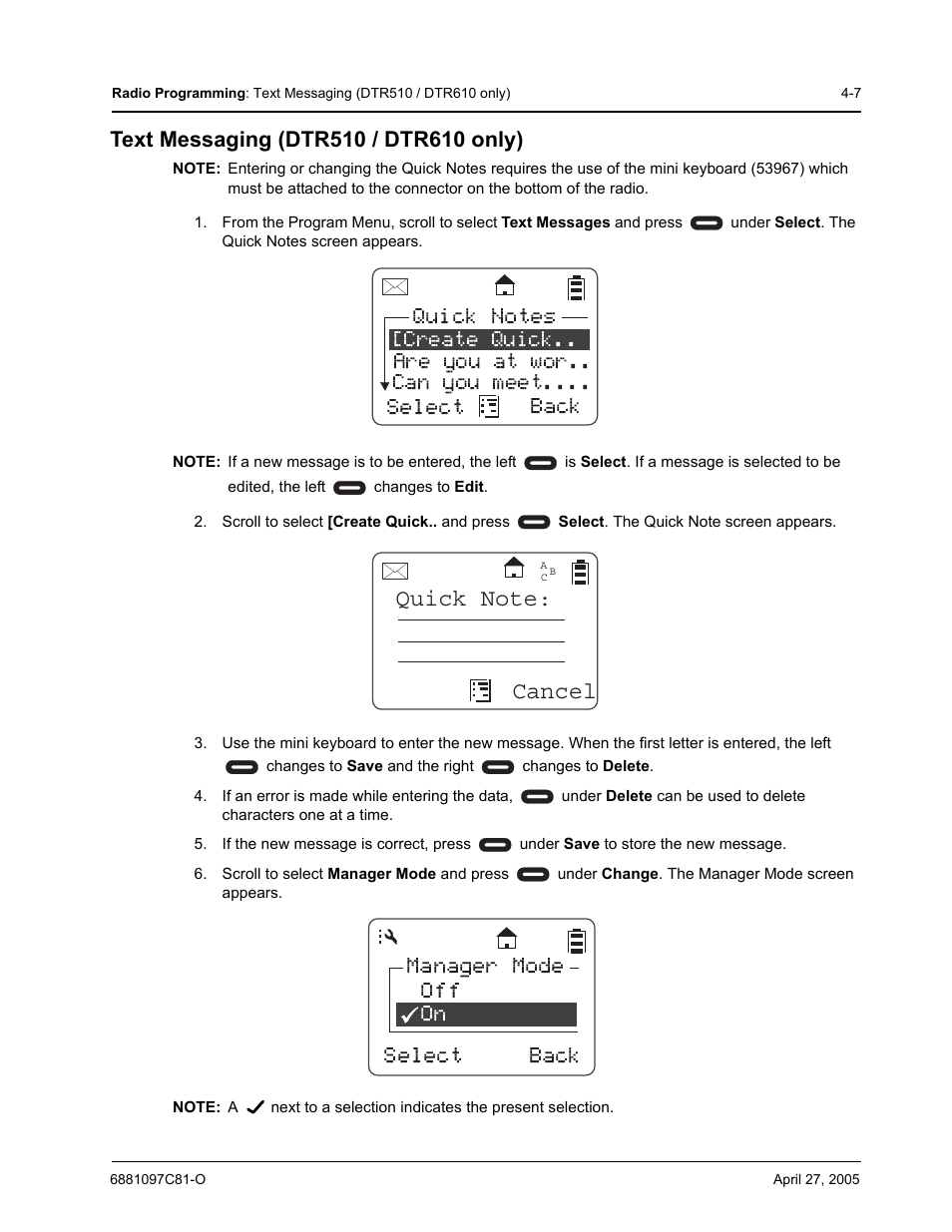Manager mode off on select back | Motorola DTR510 User Manual | Page 49 / 68