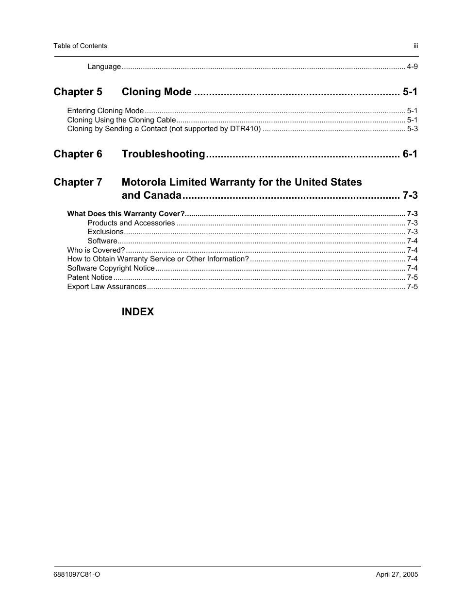 Chapter 5 cloning mode -1, Index | Motorola DTR510 User Manual | Page 5 / 68