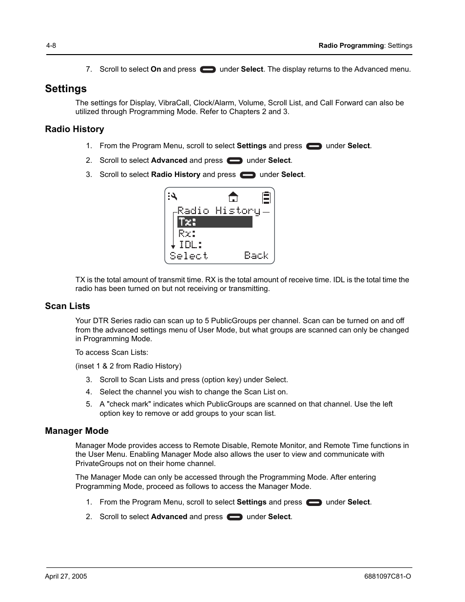 Radio history rx: idl: select back tx, Settings | Motorola DTR510 User Manual | Page 50 / 68