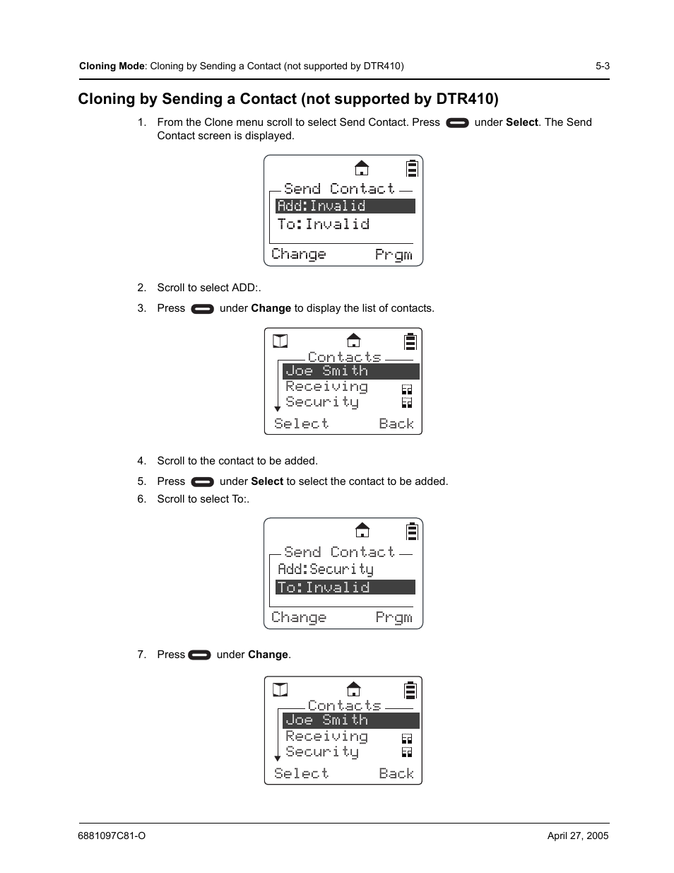 Add:invalid change send contact to:invalid prgm | Motorola DTR510 User Manual | Page 55 / 68