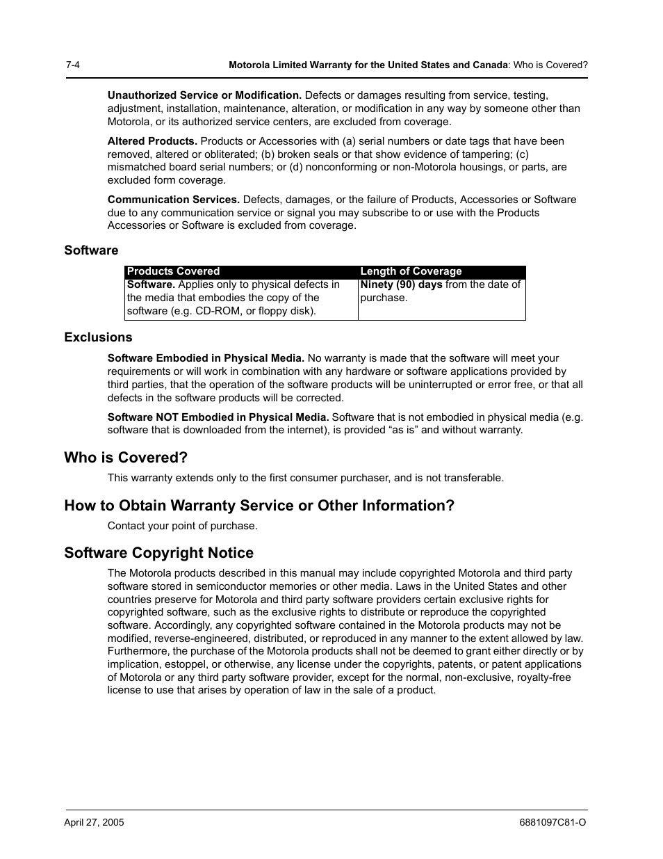 Who is covered, Software copyright notice | Motorola DTR510 User Manual | Page 60 / 68