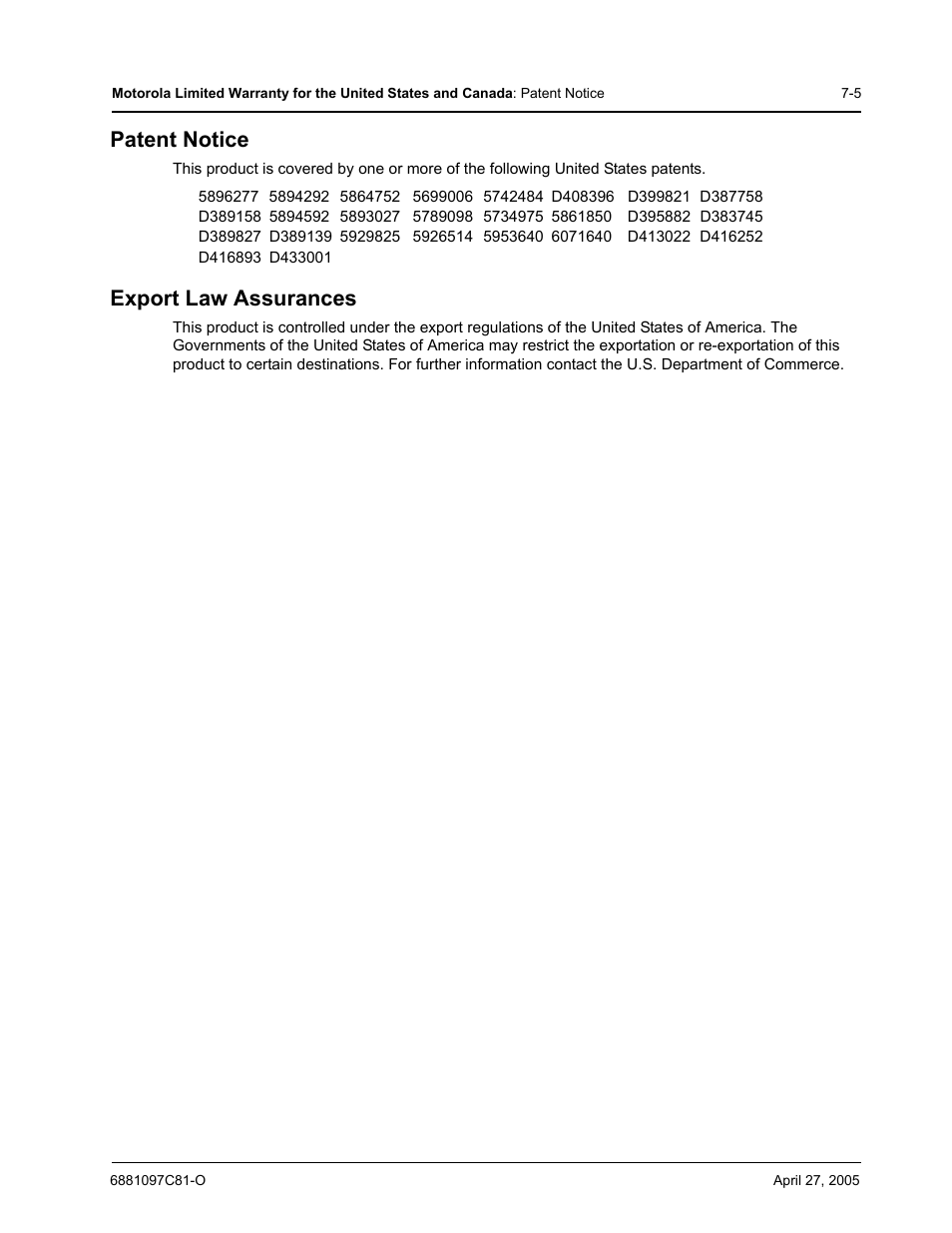 Patent notice, Export law assurances | Motorola DTR510 User Manual | Page 61 / 68