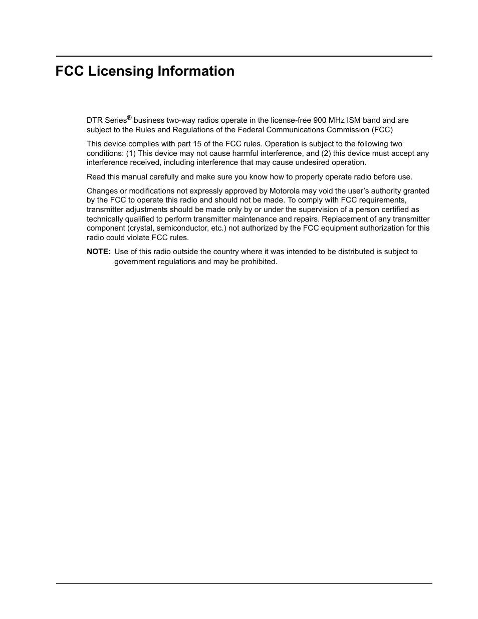 Fcc licensing information | Motorola DTR510 User Manual | Page 7 / 68