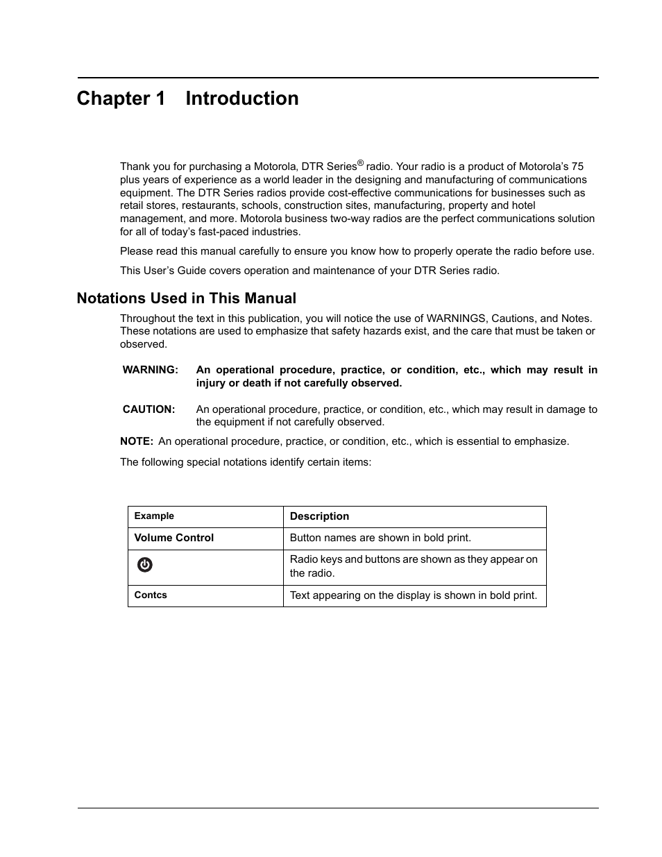 Chapter 1 introduction, Notations used in this manual | Motorola DTR510 User Manual | Page 9 / 68