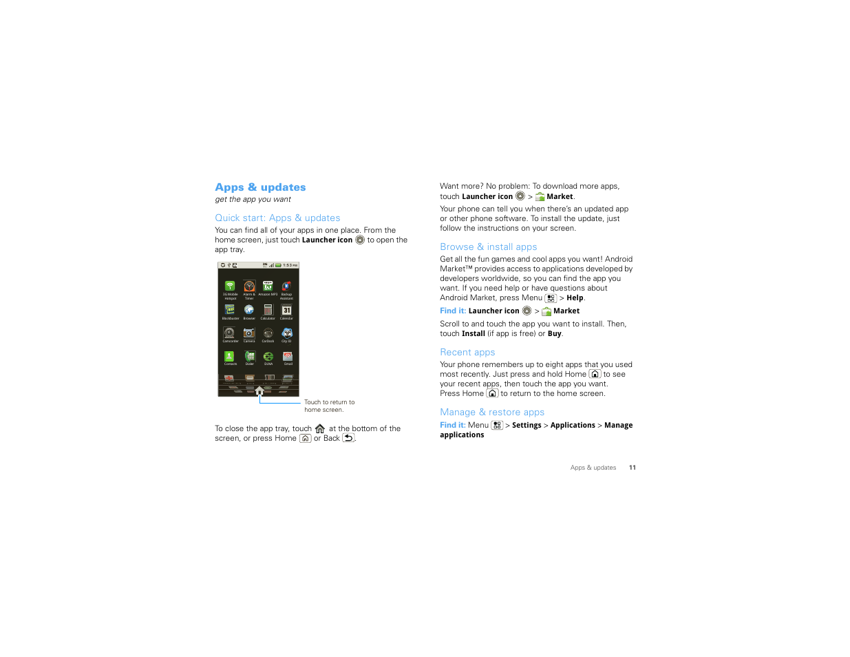 Apps & updates, Quick start: apps & updates, Browse & install apps | Recent apps, Manage & restore apps | Motorola 68000202880-C User Manual | Page 13 / 72