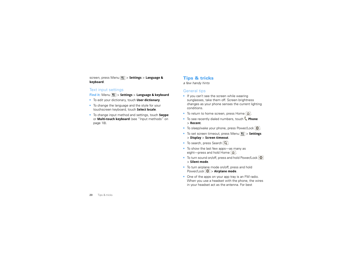 Text input settings, Tips & tricks, General tips | Motorola 68000202880-C User Manual | Page 22 / 72