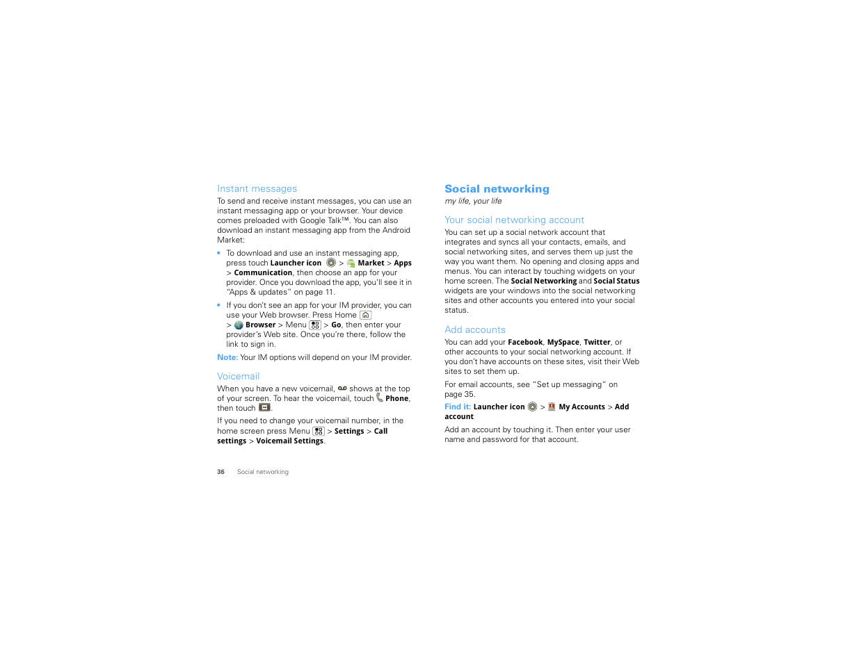 Instant messages, Voicemail, Social networking | Your social networking account, Add accounts | Motorola 68000202880-C User Manual | Page 38 / 72