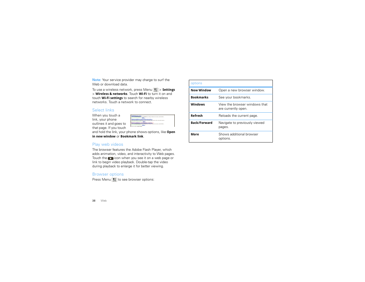 Select links, Play web videos, Browser options | Motorola 68000202880-C User Manual | Page 40 / 72