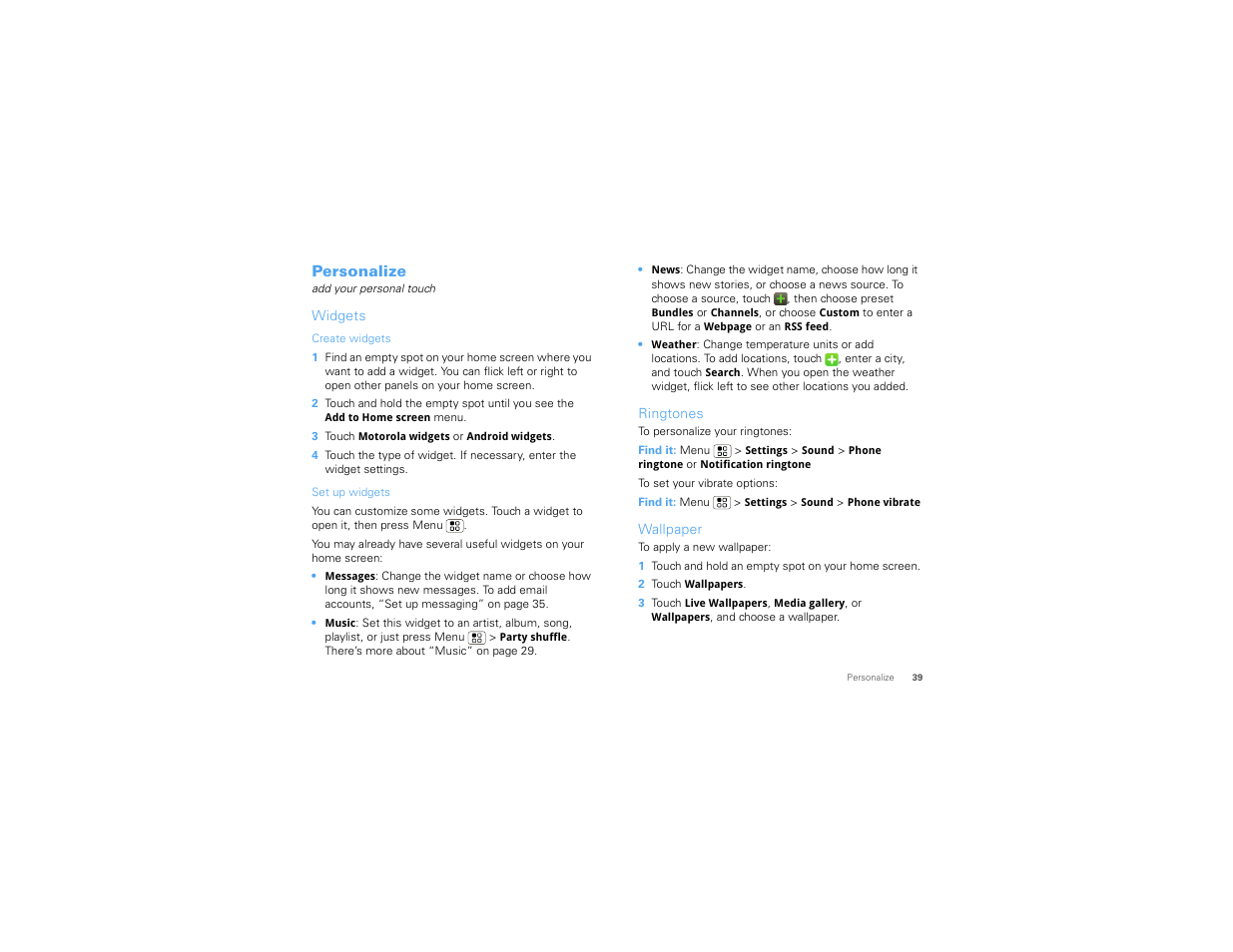 Personalize, Widgets, Ringtones | Wallpaper | Motorola 68000202880-C User Manual | Page 41 / 72