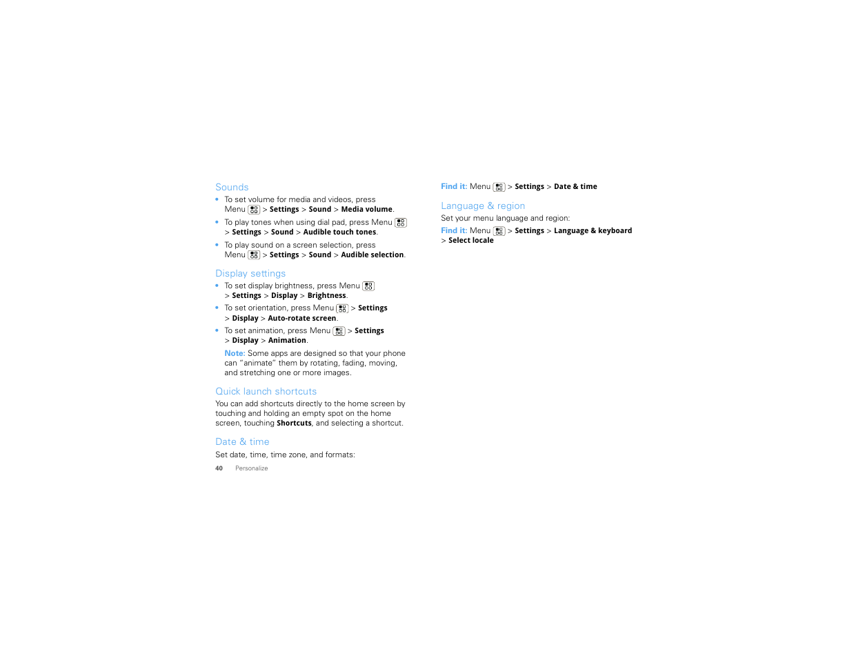 Sounds, Display settings, Quick launch shortcuts | Date & time, Language & region | Motorola 68000202880-C User Manual | Page 42 / 72