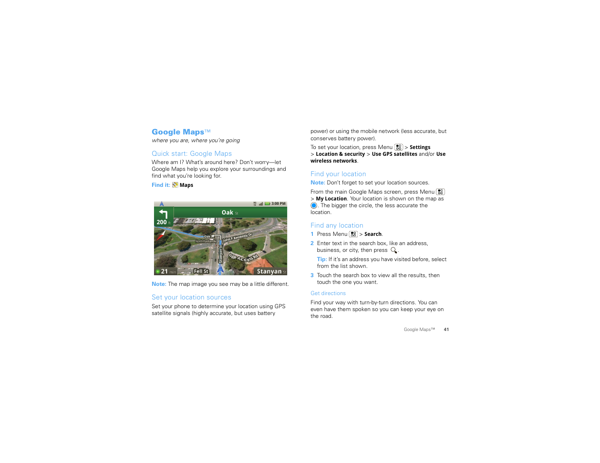 Google maps, Quick start: google maps, Set your location sources | Find your location, Find any location | Motorola 68000202880-C User Manual | Page 43 / 72