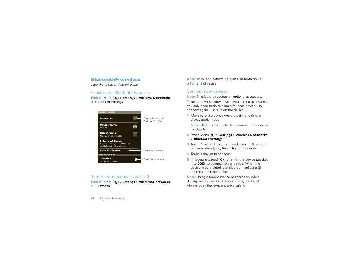 Bluetooth® wireless, Quick start: bluetooth wireless, Turn bluetooth power on or off | Connect new devices | Motorola 68000202880-C User Manual | Page 48 / 72