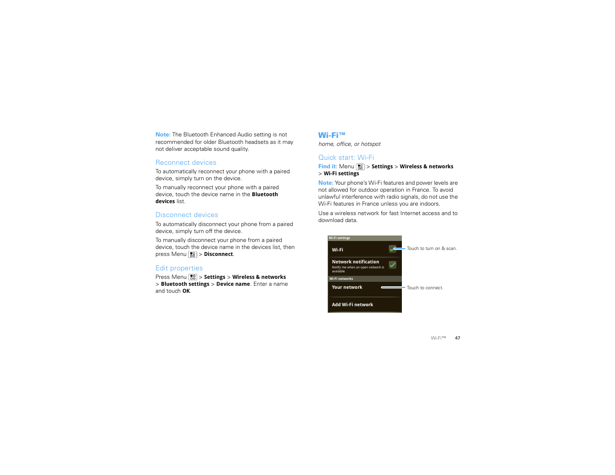 Reconnect devices, Disconnect devices, Edit properties | Wi-fi, Quick start: wi-fi | Motorola 68000202880-C User Manual | Page 49 / 72