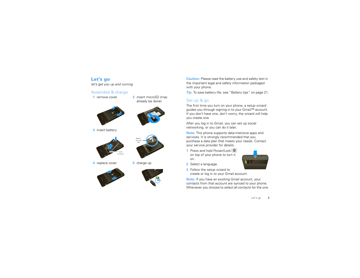 Let’s go, Assemble & charge, Set up & go | Motorola 68000202880-C User Manual | Page 5 / 72