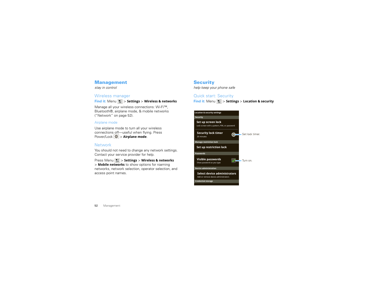 Management, Wireless manager, Network | Security, Quick start: security | Motorola 68000202880-C User Manual | Page 54 / 72