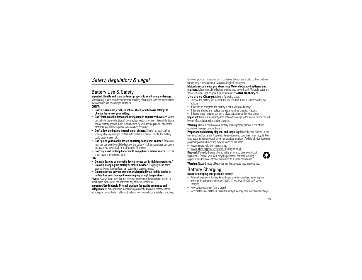 Safety, regulatory & legal, Battery use & safety, Battery charging | Motorola 68000202880-C User Manual | Page 57 / 72