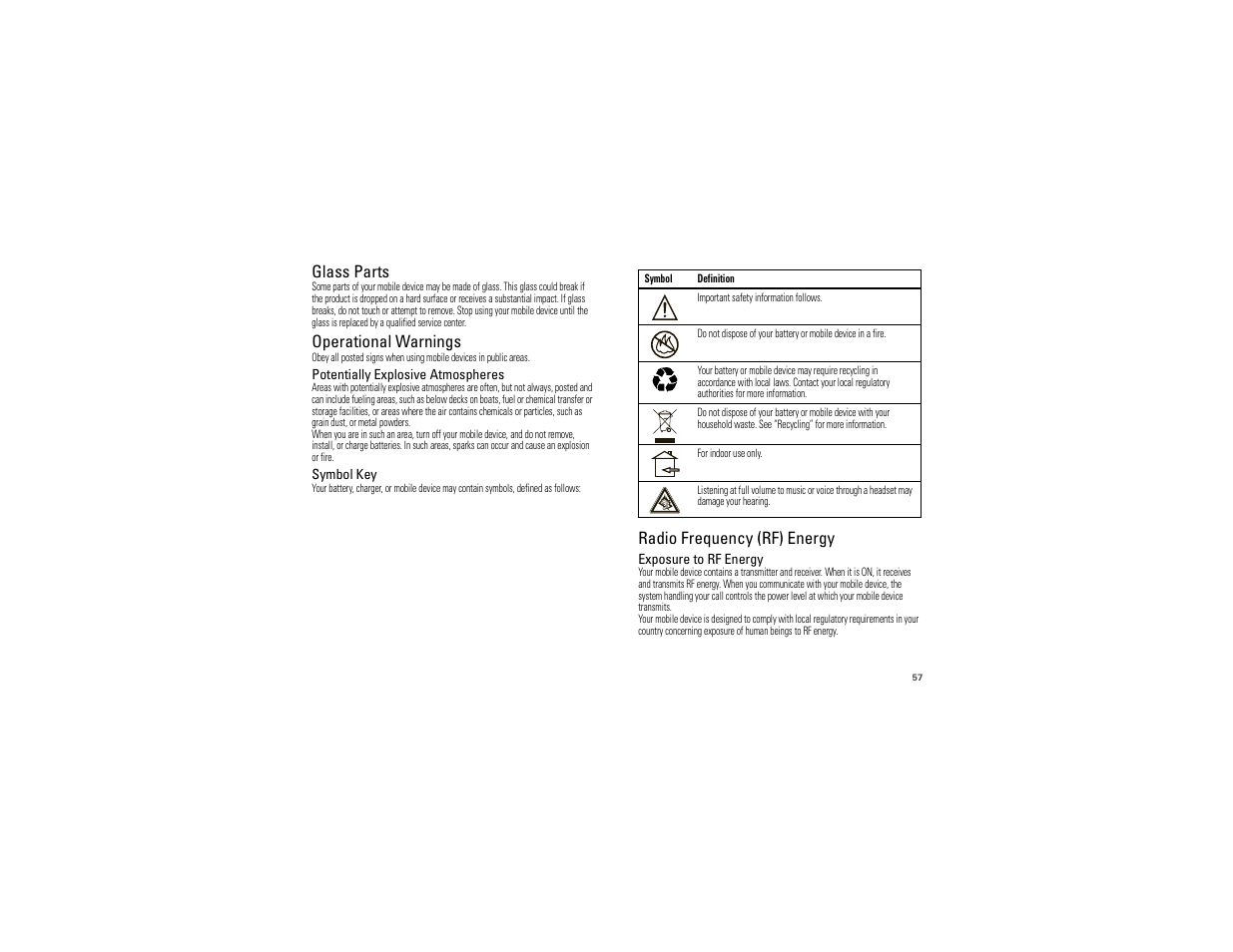 Glass parts, Operational warnings, Radio frequency (rf) energy | Motorola 68000202880-C User Manual | Page 59 / 72