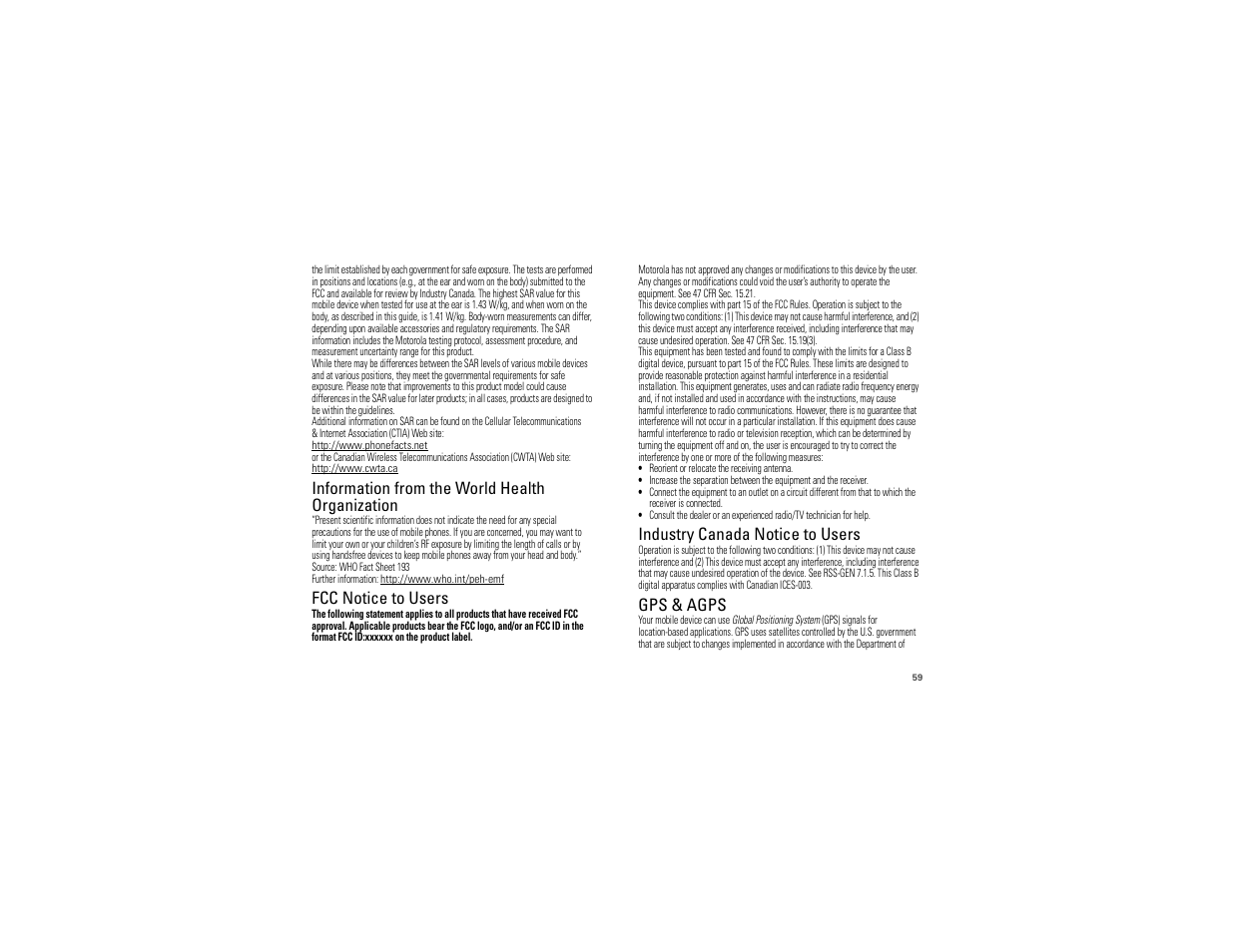 Who information, Fcc notice, Industry canada notice | Gps & agps, Information from the world health organization, Fcc notice to users, Industry canada notice to users | Motorola 68000202880-C User Manual | Page 61 / 72