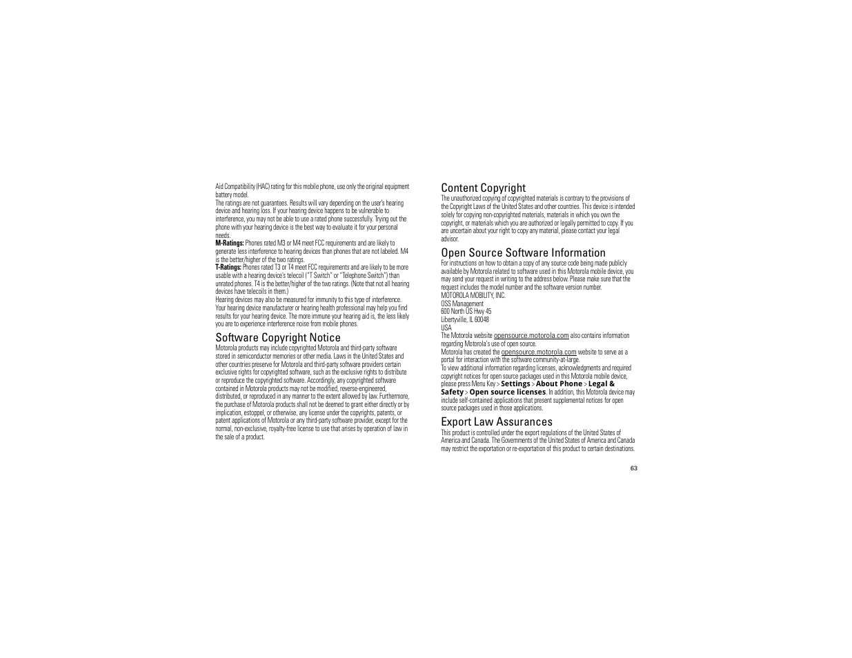 Software copyright notice, Content copyright, Oss information | Export law, Open source software information, Export law assurances | Motorola 68000202880-C User Manual | Page 65 / 72