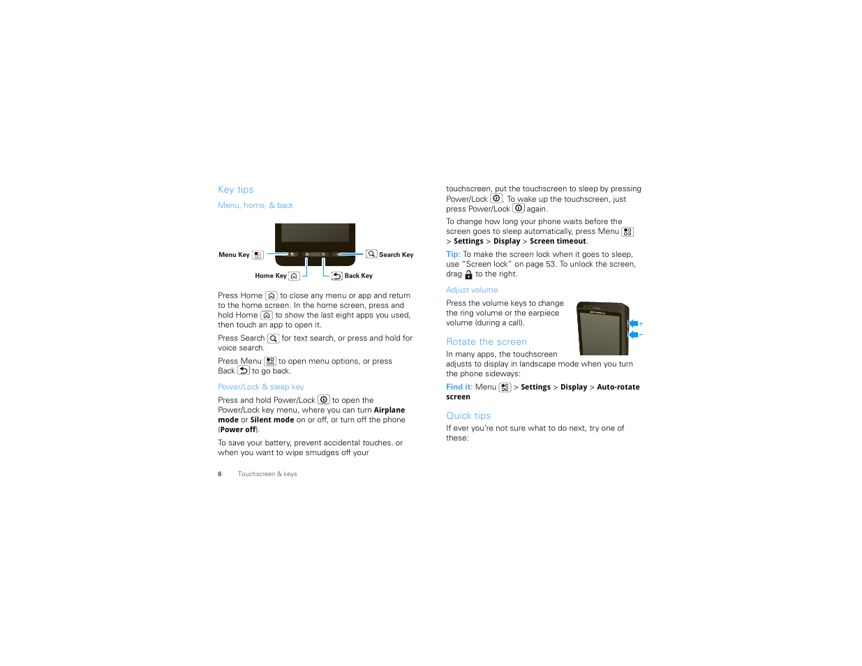 Key tips, Rotate the screen, Quick tips | Motorola 68000202880-C User Manual | Page 8 / 72