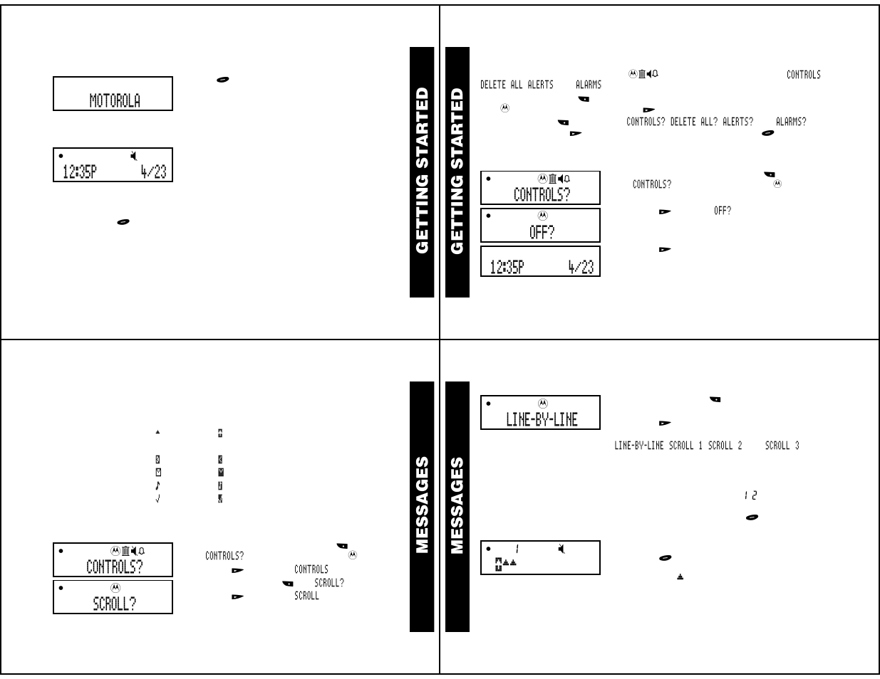 Backlight, Menu icons, Messages | Types of messages, Setting the scroll speed, Receiving/reading messages, Getting st ar ted, Motorola, Controls, Scroll | Motorola WORDline FLX User Manual | Page 2 / 9