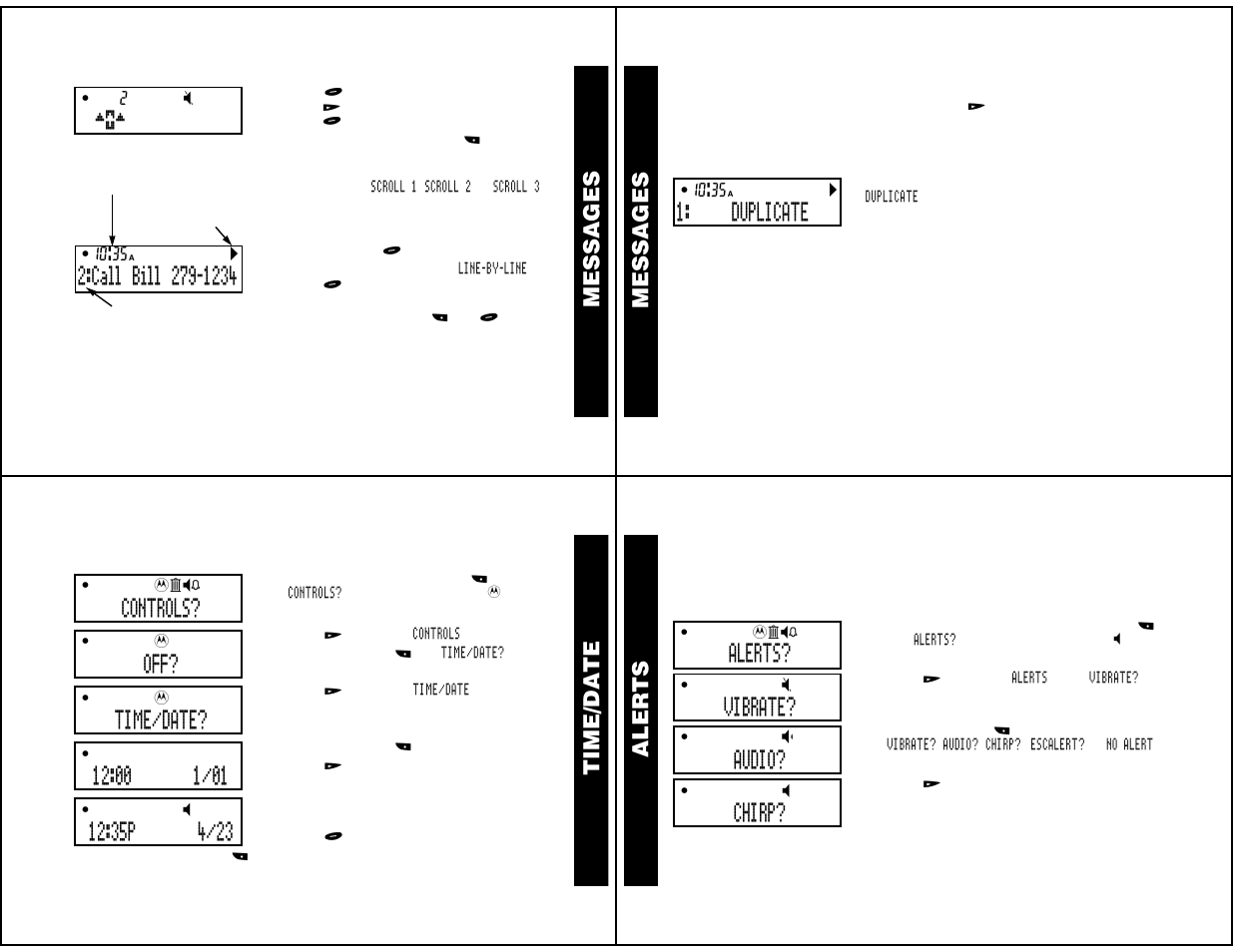 Scanning your messages, Duplicate messages, Time/date | Alerts, Setting the incoming message alert, Messages, Aler ts, Duplicate, Controls, Vibrate | Motorola WORDline FLX User Manual | Page 3 / 9