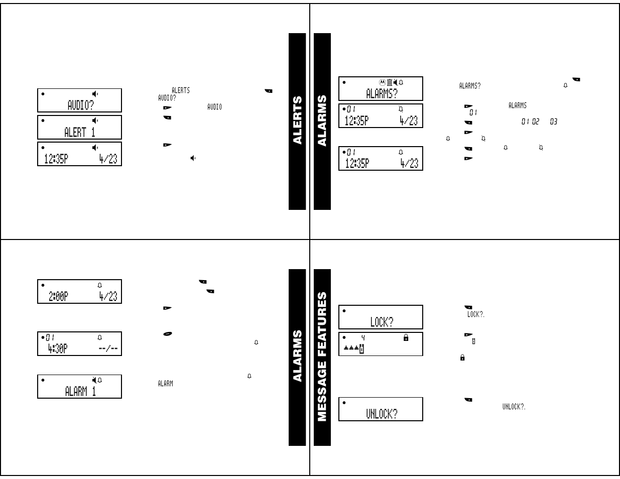 Choosing an audio alert, Alarms, Message features | Locking personal messages, Unlocking personal messages, Alerts, Alar ms, Message fea tures, Audio, Alert 1 | Motorola WORDline FLX User Manual | Page 4 / 9