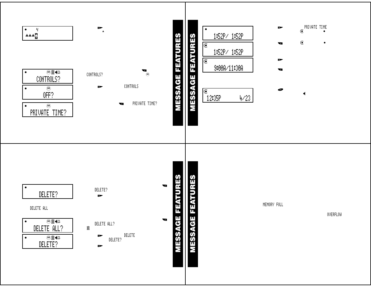 Private time, Deleting messages, Storing messages | Automatic message deletion, Message fea tures, Controls, Delete, Delete all | Motorola WORDline FLX User Manual | Page 5 / 9